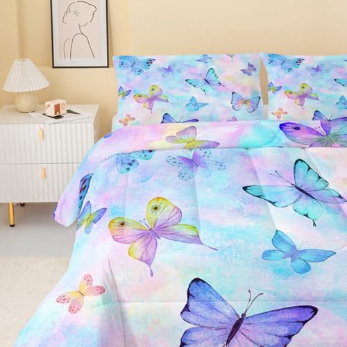 Image of QOOMO Cute Butterfly Kids Comforter Set,Cartoon Insects Print Bedding Set Queen Size for Boys Girls Room Decoration,Colorful Bed Set Microfiber Lightweight,1 Comforter Set 2 Pillowcases