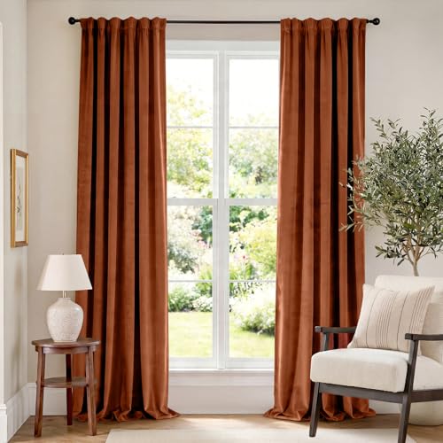 Image of Burnt Orange Velvet Curtains Warm Rod Pocket 52x108 Inch 2 Panels | Soft Velvet, Room Darkening, For Tall Windows & High Ceilings, Light Shifting Texture, Elegant Drape, Luxury