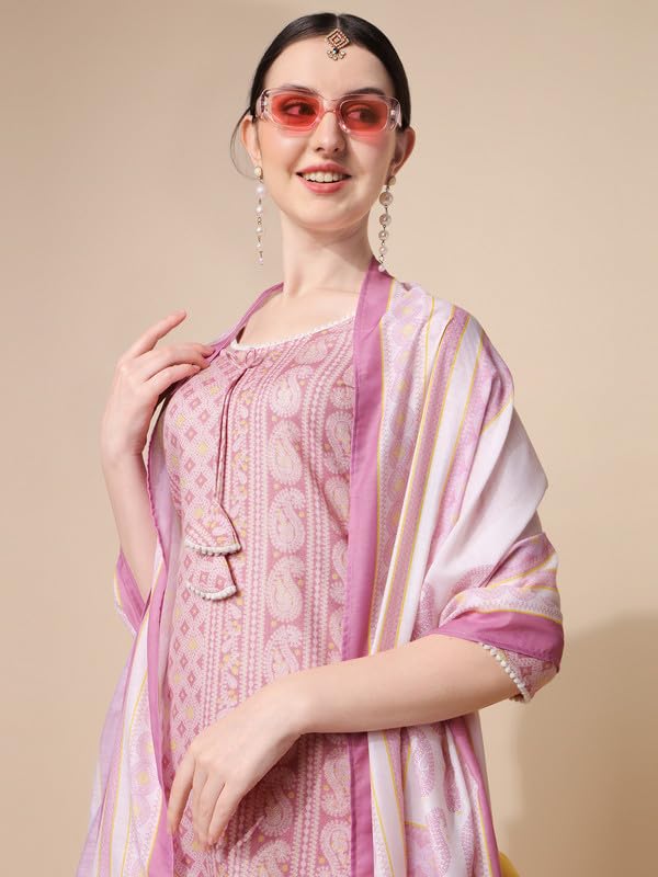 Image of NAINVISH Cotton Blend Kurti Pant & Dupatta | Kurta Set for Women | Women Kurta Pant Dupatta Set | Pink Kurta Set for Women | Printed Kurta Pant Dupatta Set