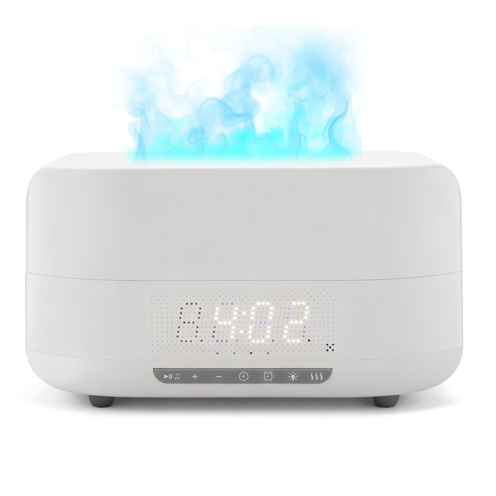 Diffusore di aromi con fiamma 3D, umidificatore da 400 ml con luce fiamma, altoparlante Bluetooth, orologio, luce notturna LED a 7 colori e telecomando, diffusore di oli essenziali per casa, ufficio
