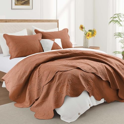 IR Imperial Rooms Twin Quilt Bedding Set Size (68” x 86”) + 1 Pillow Shams (20” x 26” + 2”) - 2 Pcs All Season Lightweight Reversible Microfiber Coverlet Floral Embossed Quilt Bedspread (Rust)
