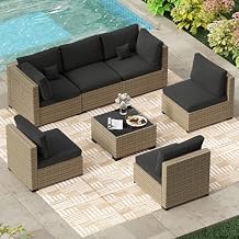 LHBcraft 7 Piece Outdoor Patio Furniture Set, Wicker Patio Furniture Set Outdoor Patio Sectional Sofa for Backyard Rattan Patio Seating with Black Cushion