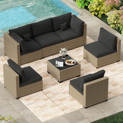 LHBcraft 7 Piece Outdoor Patio Furniture Set, Wicker Patio Furniture Set Outdoor Patio Sectional Sofa for Backyard Rattan Patio Seating with Black Cushion