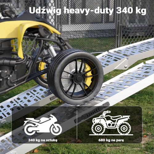Wiltec Składany najazd aluminiowy o długości 226 cm i udźwigu 340 kg, lekka i łatwa rampa do przechowywania, do załadowania quadów i motocykli