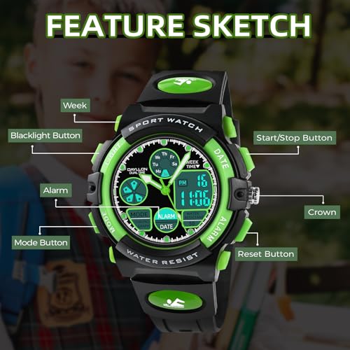 Image of Dayllon Boys Watch,Kids Watch for 5-15 Year Old Boys,Digital Sport Outdoor Multi Function Waterproof with LED Alarm Calendar Analog Watch for Kids Gifts