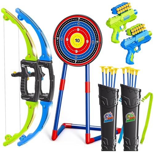 AuroTops 2 in 1 Pack Bow and Arrow Set for Kids 6 Year Old Boy Gifts Boy Toys Age 6-8,Archery Set with Lights Sport Shooting Games for Kids 5-12 Year Old Birthday Gifts Indoor Outdoor