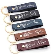 Personalized Birth Flower Key Chain with Name/Logo,Custom Leather KeyChain Engraved Handmade Keyc...
