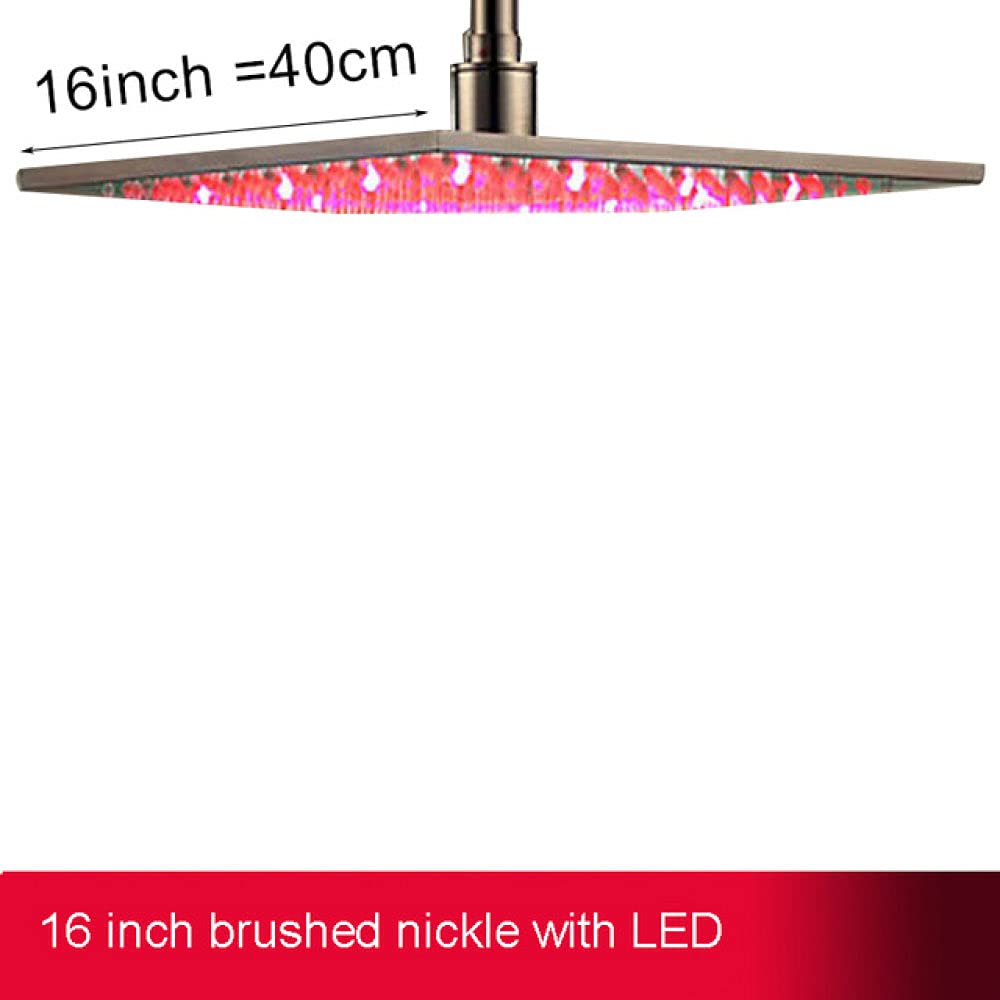 Soffione doccia a pioggia con luce LED nera, 16" grande, quadrato, in ottone, con cambio colore, finitura oro