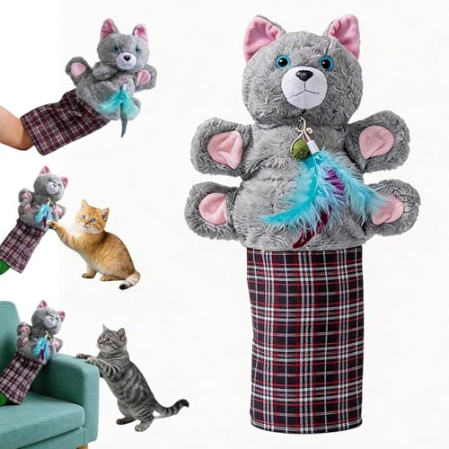 Cat Wrestling Glove Interactive Hand Mitt Toy with Interchangeable Feather Bell Durable Protective Sleeve & Catnip Safe & Fun Play for Cats to Relieve Boredom (A)