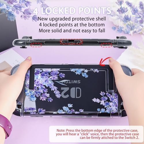 DLseego Protective Case Flower Floral Clear Switch 2 (2025), Detachable Joy-Handle Protective Case 2-Piece Split Full Wrap PC Hard Shell Anti-Scratch All-Round Protection Cover, Lavender, Purple - 3