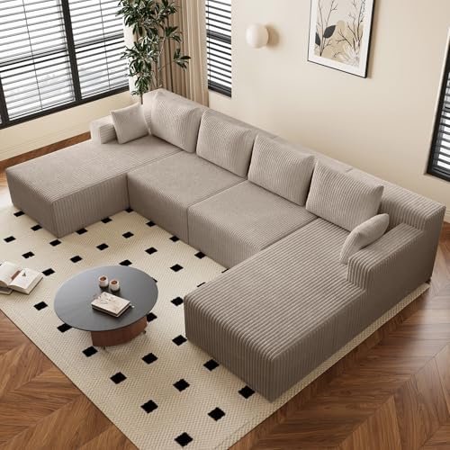 Image of 142 inch U-Shape Cloud Couch, Modern Modular Sectional U-Shape Sofa, Corduroy Boneless Couch Upholstered Couches Deep Seat Sleeper Chaise Longue for Living Room, No Assembly Required,Camel