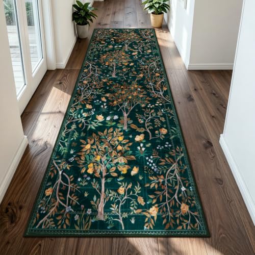 Image of Morebes Boho Floral Rug Runners for Hallways Non Slip, Flower 2.5x8 Kitchen Runner Rug Washable, Soft Botanical Indoor Carpet Floor Runner for Entrance Bedroom Bedside, Dark Green
