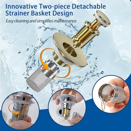 Image of Bathroom Sink Drain Strainer,(3PCS) Pop-up Sink Drain Strainer with Removable Stainless Steel Strainer Basket Hair Catcher, Bathroom Sink Strainer for Bathroom Sink Stopper Replacement