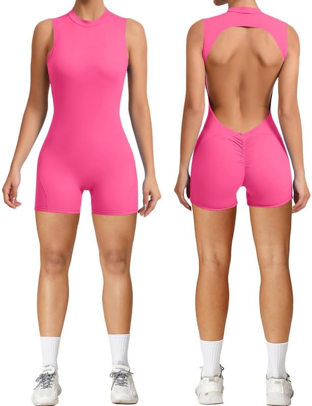 Litthing Women Short Jumpsuit Backless Scrunch Butt Workout Rompers V Back Yoga One Piece Unitards Sleeveless Gym Bodycon