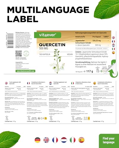 vit4ever Quercetin - 500 mg - 180 Kapseln - 6 Monatsvorrat - Premium: Natürlicher 15:1 Schnurbaum-Blütenextrakt mit 95% Quercetingehalt - Hochdosiert- Vegan
