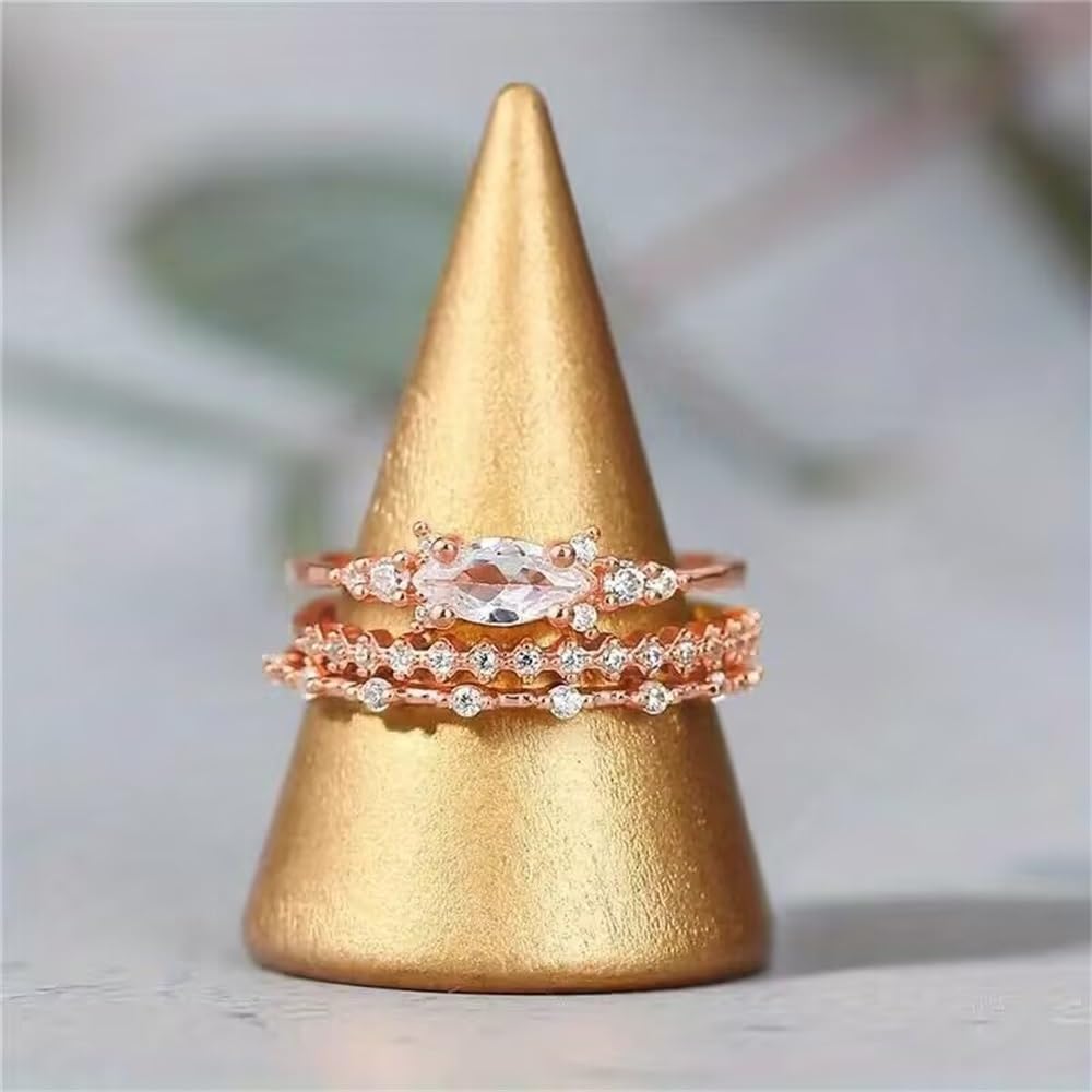 925 Sterling Silver Shiny Full Diamond Gemstone Ring 3PCS 18K Rose Gold Cubic Zirconia Promise Rings CZ Diamond Multi Row Ring Eternity Bride Engagement Wedding Party Band Ring Sets A.23 (US Code 5)