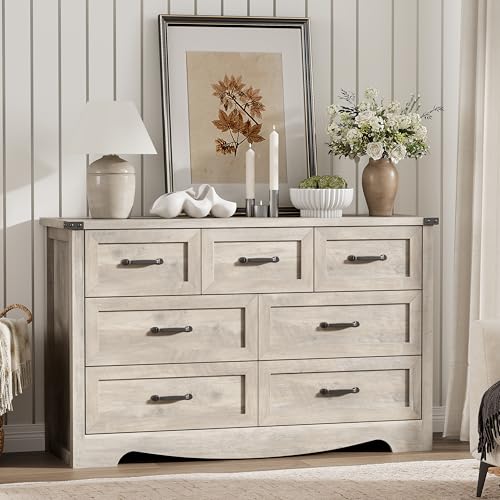 Image of Dresser for Bedroom with 7 Drawers, 48 inch Wide Modern Chest of Drawers with Deep Drawers & Mental Handle, Wood Dresser TV Stand, Wooden Closet Storage Organizer for Living Room, Hallway, Entryway, Grey