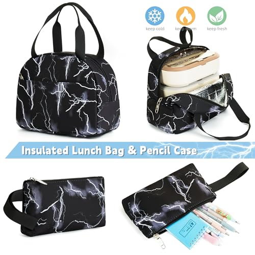 School Backpack Set For Girls Boys College Bookbag Laptop Backpacks 3PCS Kids Elementary Middle Schoolbag With Lunch Bag Casual Travel Daypack For Teens Students Women Men-Lightning Black4