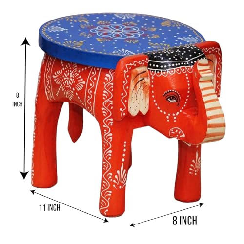 Image of Hand-Crafted and Emboss Colorful Painted Wooden Elephant Shape Stool for Home /Office /Living or Bedroom Decor,Decorative Showpiece (8 Inches Height, Orange)