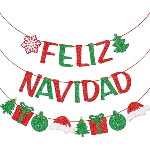 Qttier Feliz Navidad Banner with Christmas Sign Garland, Pre-Strung Spanish Merry Christmas Banner, Christmas Party Decorations for Home Office Fireplace Mantel, Red and Green Glitter Cover