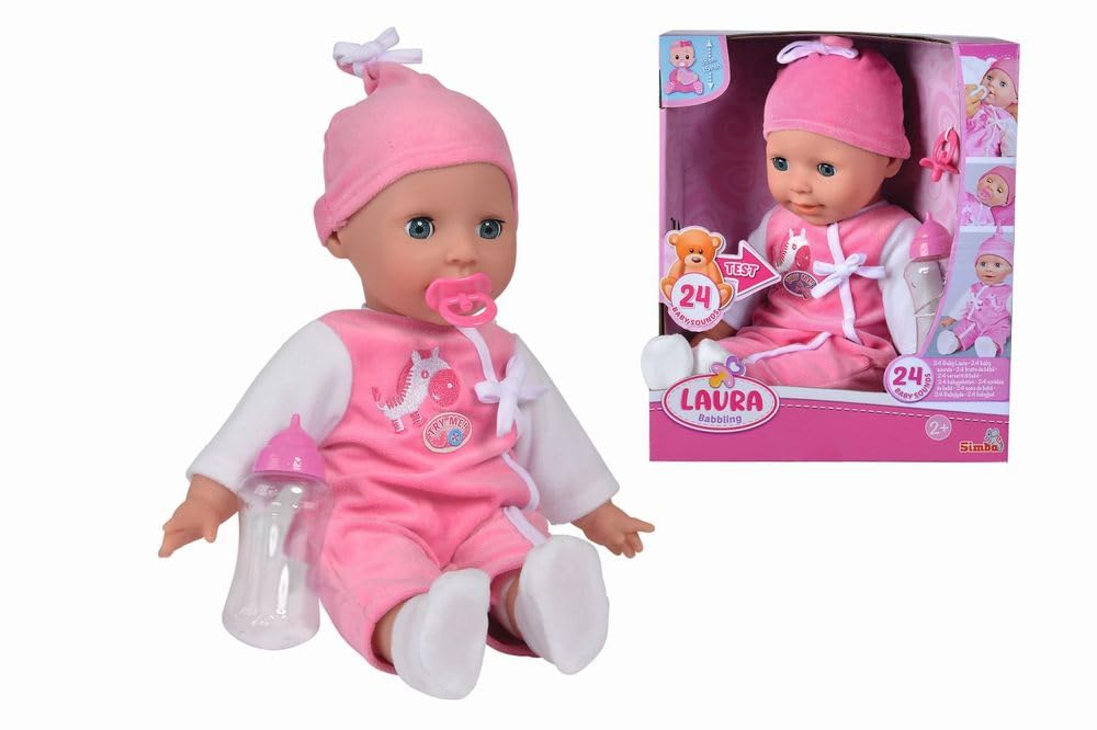Simba 105140489 - Laura Puppe Babysprache, 38cm Weichkörperpuppe mit Schlafaugen, in süßem Strampler, 24 Babylaute, Spielpuppe, Babypuppe, ab 2 Jahren