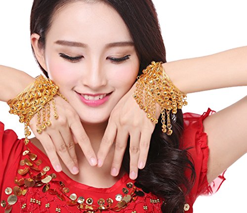 FZBNSRKO 2 Pcs Belly Dance Gold Bell Bracelet Gypsy Jewelry Bracelet Arm Chain Hand Decoration,Halloween Costume Accessory
