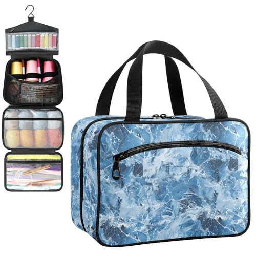 YNNALE Sewing Supply Organizer Bag, Blue and White Marble Pattern Portable Sewing Bags with Pockets&Hanger, Sewing Storage Box Case for Sew Supplies/Kit/Tools/Accessories (BAG ONLY)