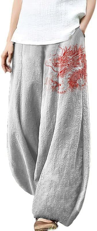Cotton Linen Boho Casual Pants for Women Flowy Wide Leg High Waist Harem Pants Yoga...