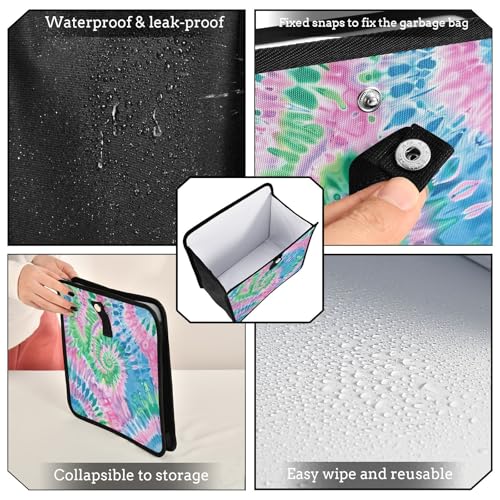 Image of Car Trash Can Organizer Bin with Adjustable Strap for Back Front Seat Console Waterproof Leakproof Collapsible Portable 11 Inch Tie Dye Blue Green Pink