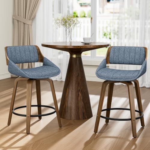 Image of YaFiti Bar Stools Set of 1, 26 inch Swivel Counter Height Barstools with Bentwood Back and Legs, Mid Century Modern Upholstered Fabric Counter Stools for Kitchen Island, Dining Room, Blue