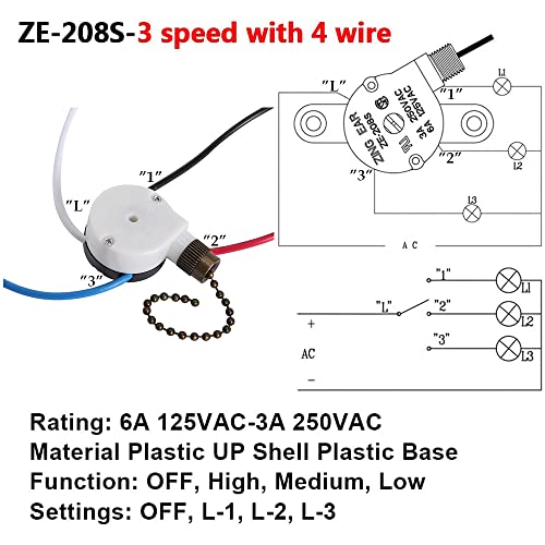 Ceiling Fan Switch Ze-208S E89885 3 Speed 4 Wire Fan Light Switch Replacement Part Speed Control Pull Chain Switch #TOP1
