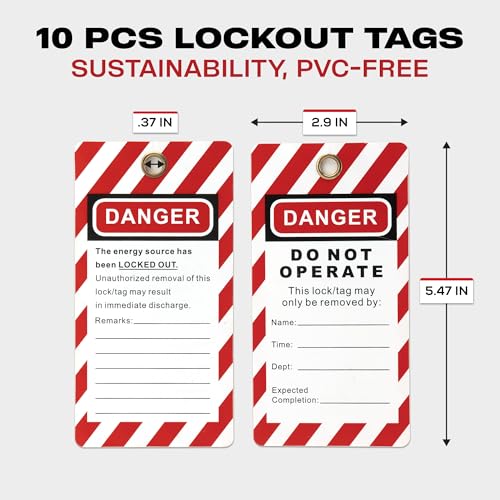 Image of Lockout Tagout Locks, 10 Keyed Different Safety Padlocks, Red | Keyed Different Safety Padlocks with Tags, 2 Keys Per Lock, Built for Industrial LOTO, Maintenance Teams and Safety Programs