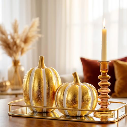 Image of FESTGLOX 2Pcs Resin Pumpkin Figurines, Fall Thanksgiving Decor