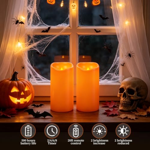 Image of Amagic 3 inchx6 inch Flameless Candles, Waterproof LED Pillar Candles, Set of 2 | Battery Operated Halloween Candles with Remote & Timer, Orange LED Pillar Lights for Outdoor, Patio, Home and Halloween Decor