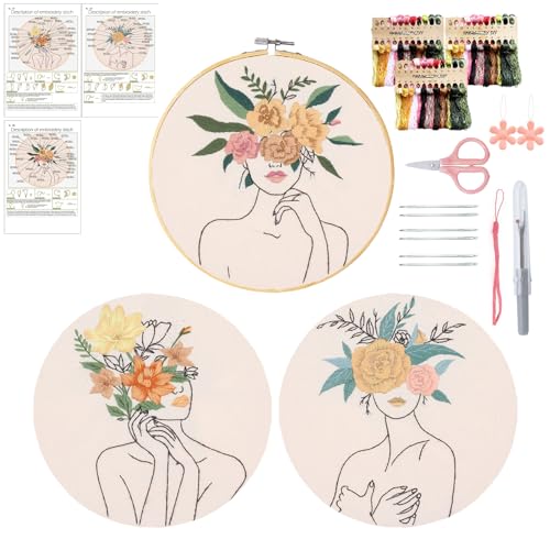 Yixhua 3 conjuntos de kit de bordado de flores e mulheres para iniciantes, kit de ponto cruz adulto