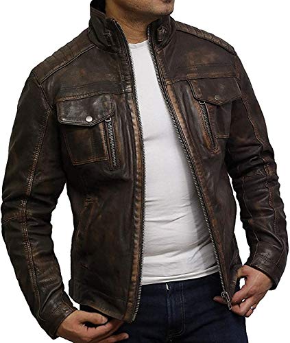 Brandslock Mens Leather Jacket Genuine Sheepskin Vintage Distressed (XL - (Fits Chest: 44-45