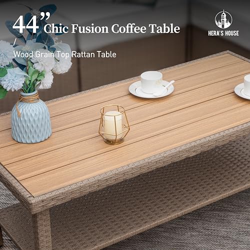 Image of HERA'S HOUSE 4-Piece Patio Furniture Set, All Weather 5 Seats Outdoor Wicker Sofa with 44 inch Coffee Table, 5.5 inch Thick Waterproof Cushion Conversation Couch Set for Garden Deck Backyard, Beige