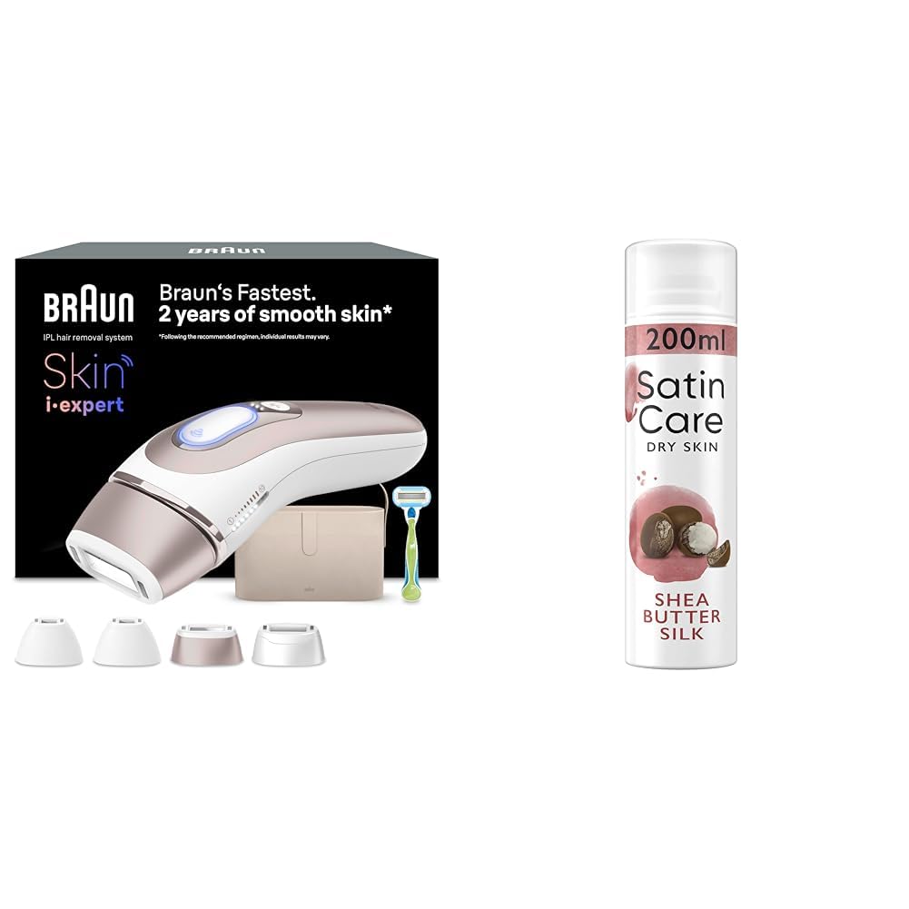 Braun Smart IPL 7 Skin i·expert – IPL Geräte Haarentfernung, Dauerhafte und Schmerzfreie Haarentfernung – inkl. Gratis App, Etui, Venus Rasierer, 4 smarte Aufsätze, Satin Care Intimpflege Rasiergel