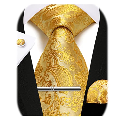 Enlision 9 cm gravata paisley gravata lenço bolso gravatas e abotoaduras gravata clipe conjunto para homem, Amarelo, Talla única