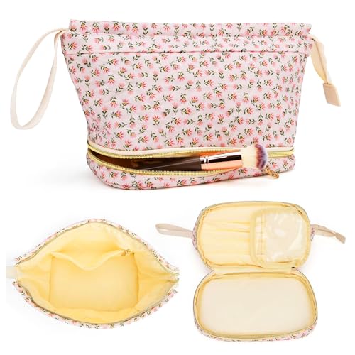 Grande trousse de maquillage en coton Long Keeper grand format avec motif fleur rouge