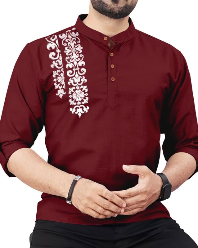 finivo fashion Men's Cotton Blend Kurta Style Shirt | Mandarin Collar Long Sleeve Casual Ethnic Shirt with Button Placket | Stylish Festival-picture-30