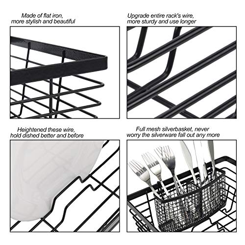 TQVAI Kitchen Dish Drying Rack Metal Dish Drainer with Full-Mesh Silverware Utensils Basket Holder, Black