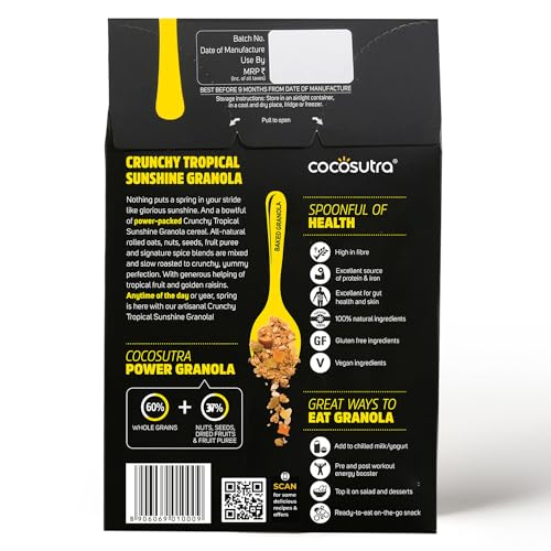 Image of Cocosutra Tropical Sunshine Breakfast Granola - 300g | High Protein Cereal with Oats, Nuts, Seeds and Dry Fruits | Lightly sweetened with Jaggery | Made with natural ingredients | Crunchy Breakfast Cereal with Oats, Nuts, Seeds & Dry Fruits, High Fibre, No Added Preservatives, Ready to Eat