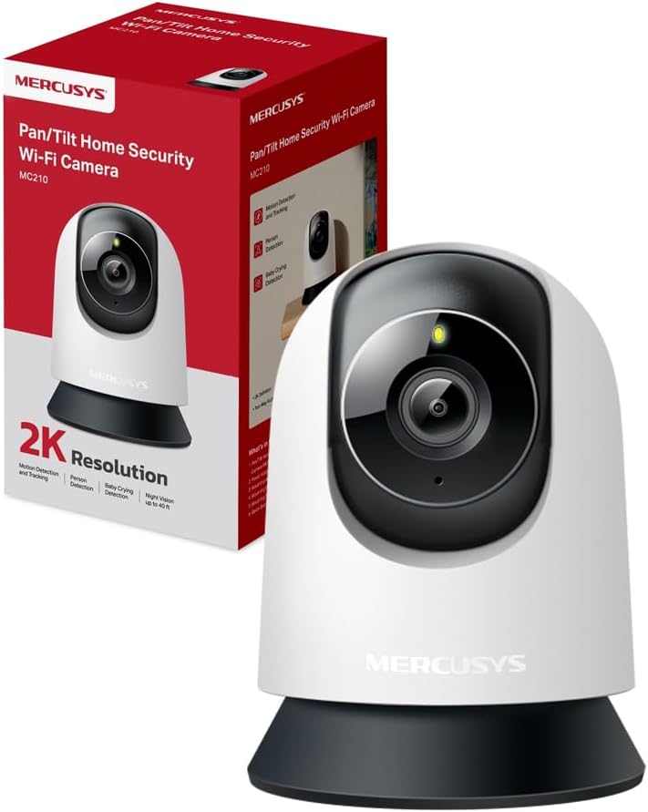 MERCUSYS MC210 Telecamera Wi-Fi Interno 2K 3MP, Videocamera Sorveglianza 360°, Visione Notturna, Audio a 2 Vie, Rilevamento di Movimento/Notifiche/Allarme, ZonaPrivacy, Supporta microSD fino