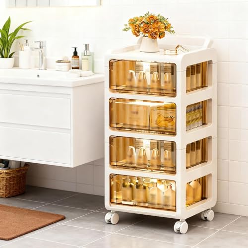 Carrito organizador de plástico con 4 cajones transparentes de 12L y ruedas – Armario ergonómico compacto para dormitorio, oficina o escuela – Medidas 33x38x91 cm