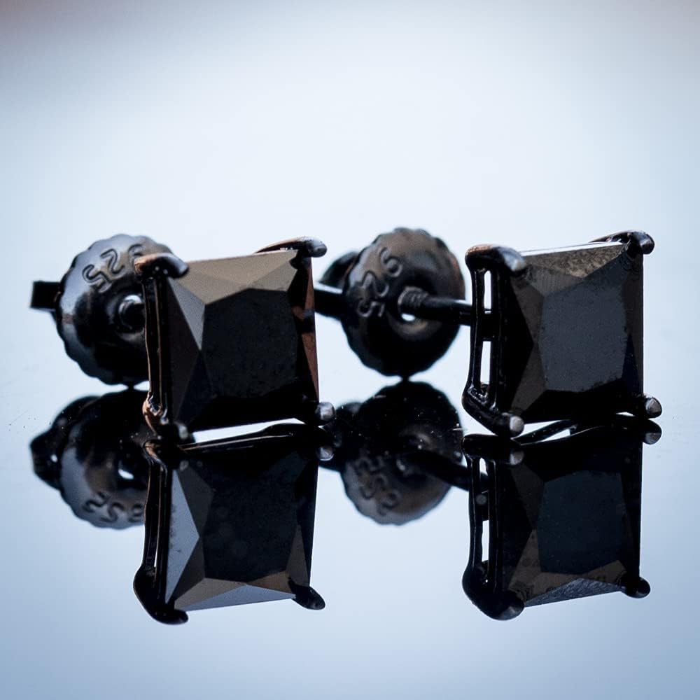Genuine Small Black Onyx Gem Stone Unisex 925 Sterling Silver Screw Back Post Hypoallergenic Men's Women's Brilliant Cut 5A CZ 6mm Size Square Princess Cut 4 Prong Hip Hop Secure Stud Earrings - Image 2