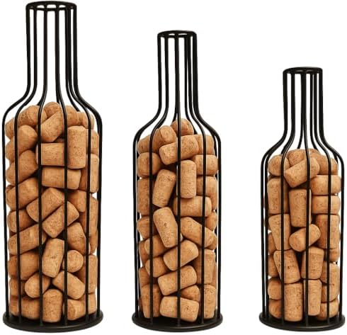 Conjunto de 3 Garrafas Decorativas Aramadas para Rolhas de Vinho, 30-40cm Altura, Base 10,5cm, Preto