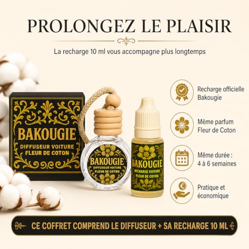 Bakougie Diffuseur Voiture Fleur de Coton + Recharge 10 ml, Désodorisant Voiture à Suspendre, Parfum Auto Doux, Jusqu’à 8 à 12 Semaines, Base Végétale – vue 7