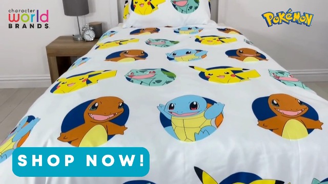 Character World Pokemon Official Double Duvet Cover Set, Gotta Design | Blue Reversible Pikachu Squirtle Charmander 2 Sided Bedding Cover Official Merchandise Including Matching Pillow Cases