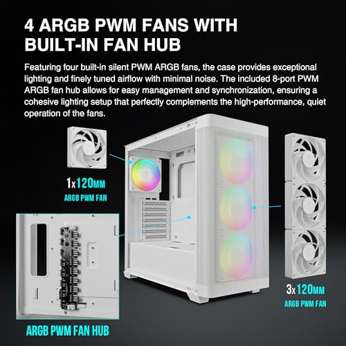 Image of GAMDIAS Athena M3 White ATX Mid Tower Computer Case Tempered Glass, Gaming PC Case Support Dual 360mm AIO /Radiator, 7x120mm Case Fans (4X 120mm Built-in), 420mm GPU /VGA, Type C x1, 170mm CPU Cooler